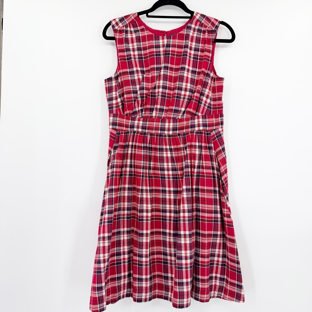 Emily And Fin Polka Dot 100% Cotton Pleated Dress Red Tartan Plaid Size Medium